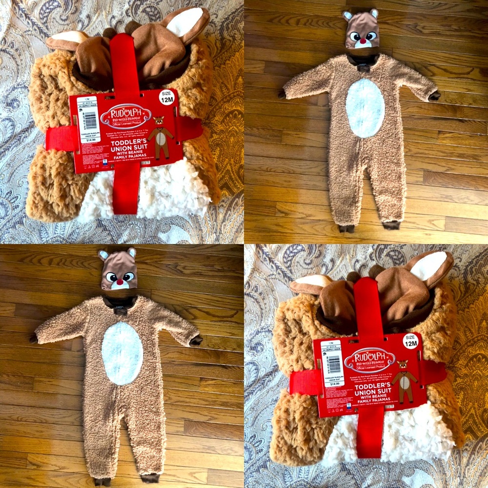 NWT Cute Rudolf Toddler’s Union Suit With Beanie